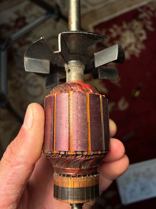 The 518's motor armature, showing date code and worn commutator. 518 Armature
