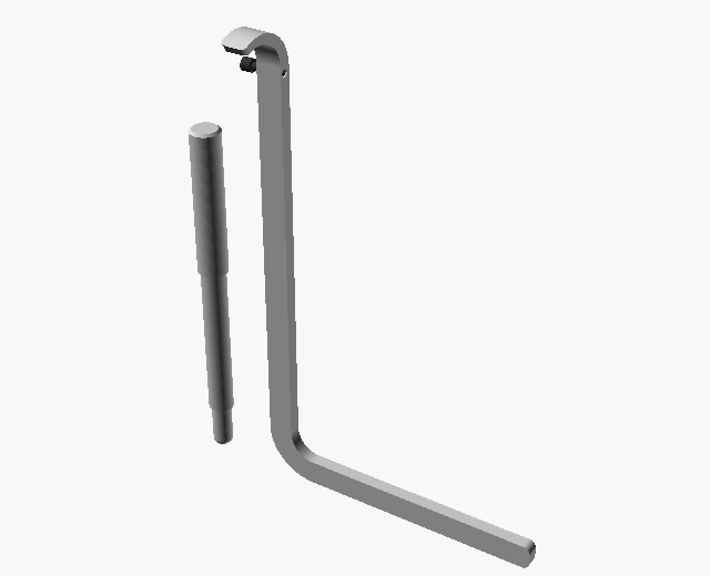 T124 handle-spring winder, 3D render: the stepped pin beside the L-shaped lever with its hooked tip and headed dowel